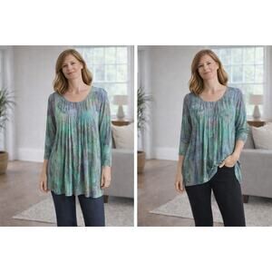 DB Sport Made USA Turquoise Abstract Pleated Blouse XL Oversized Slow Fashion